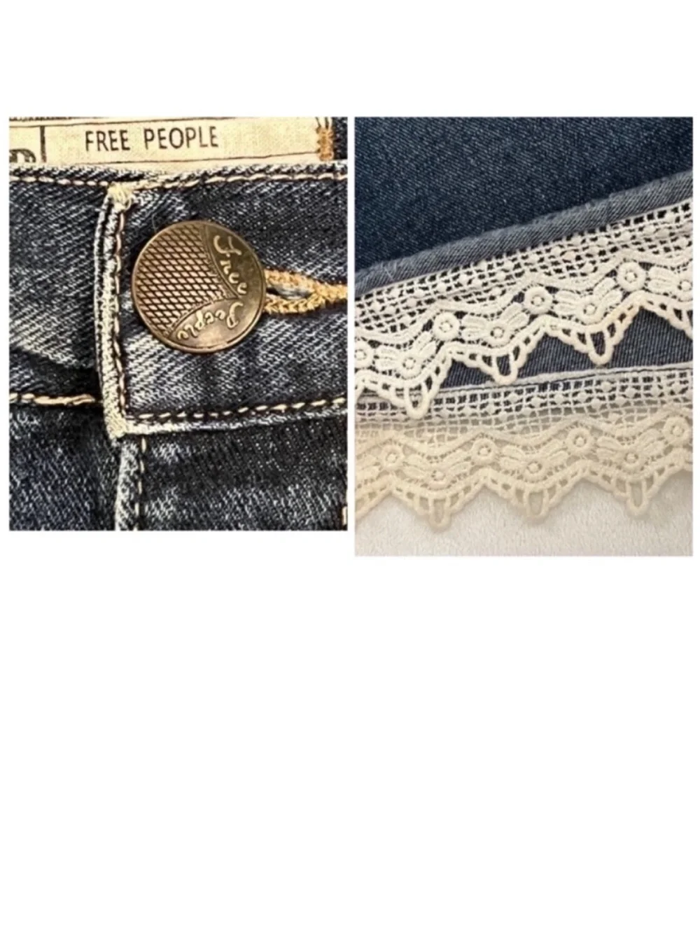 Free People Dark Blue Denim Shorts with Cream Lace Trim Size 26